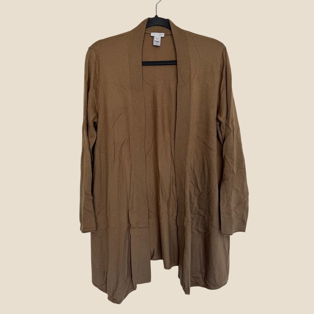 J Jill Medium Tan Wool Blend Lightweight Open Front‎ Cardigan Asymmetric Hem